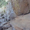 Looking down at Pitch 1 from the belay. Psycho follows the crack ... simple.