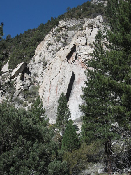 The right facing (shadowed) corner of Alice Walker is clearly visible in this photo of the North Buttress. The dogleg crack of Jerry Jeff Walker can be seen to the left.