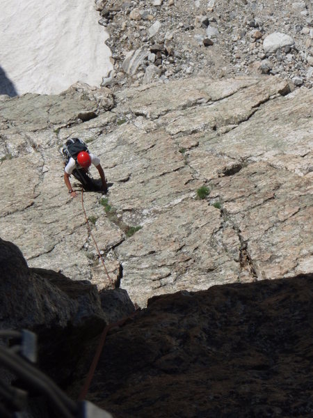 The low angle slab on pitch two before the 5.8 jam crack to the belay