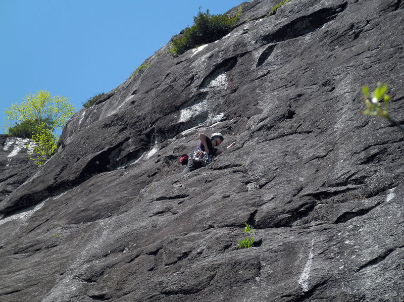 Valerie approaching the first belay, P1 of The Prince 5.7 (King Wall).