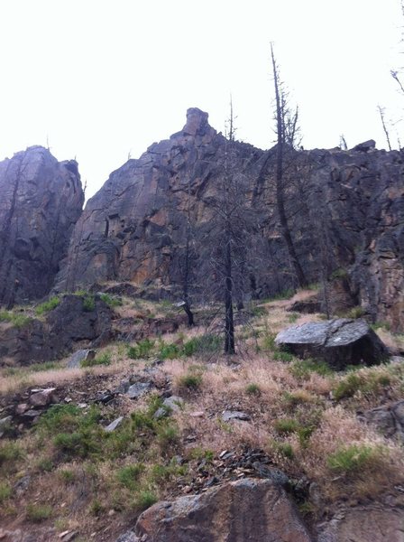 The Thunderbolt and Lightfeet wall is centered in this photo with Thunderbolt and Lightfeet (the route) located on the left side of the formation.