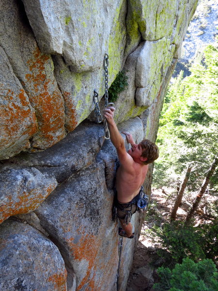 caughtinside putting the final touches on the 5.11 variation of God of Thunder. 7/2012.<br>
<br>
Photo: Corey Gargano