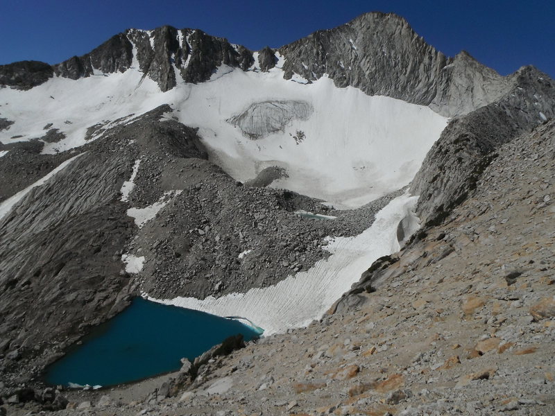 North Ridge of Mt Conness with the Conness Glacier and one of the crystal blue Conness Lakes below.