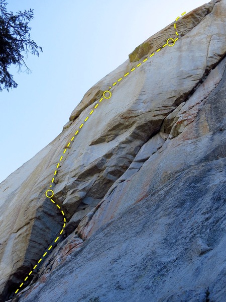 Wailing Wall. The route begins at the shaded roof in the bottom left of the photo and trends to the right, pulling the roof crack in the upper right of the photo.  Topo overlay shows the first three pitches as we climbed the route.  <br>
<br>
Photo: Corey Gargano