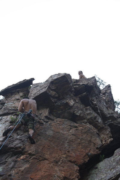 Nuke The Whales Wall<br>
<br>
Fred Slott cleans up my mess<br>
A Fine Line (5.7) trad<br>
<br>
Crowders Mountain State Park, North Carolina