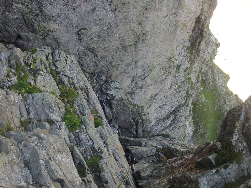 Climbing the Crux on Pitch 4 of Voie Frison-Roche.  