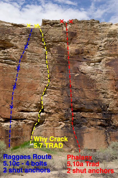 Health Wall Route info<br>
<br>
Reggae's Route 5.10c (2 shut anchors)<br>
Why Crack 5.7 Trad (No Anchor Bolts)<br>
Phalanx 5.10a Trad (2 shut anchors)