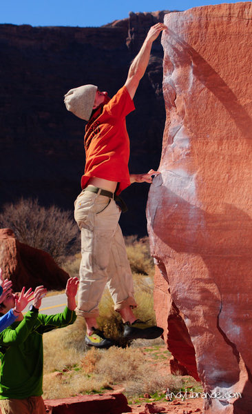 Rambo just missing the top of Silly Wabbit. <br>
<br>
Feb 2012<br>
<br>
http://andylibrande.com/news/2012/05/moab-bouldering-in-february/