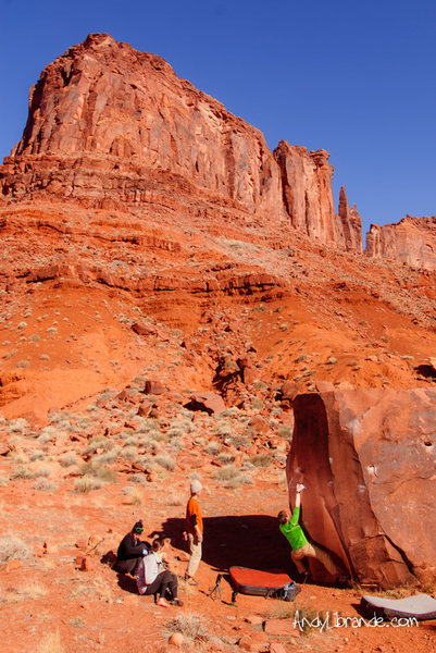 Chris sending the sit-start to "Slapping the Block" also know as the Blunt Arete. <br>
<br>
Feb 2012<br>
<br>
http://andylibrande.com/news/2012/05/moab-bouldering-in-february/