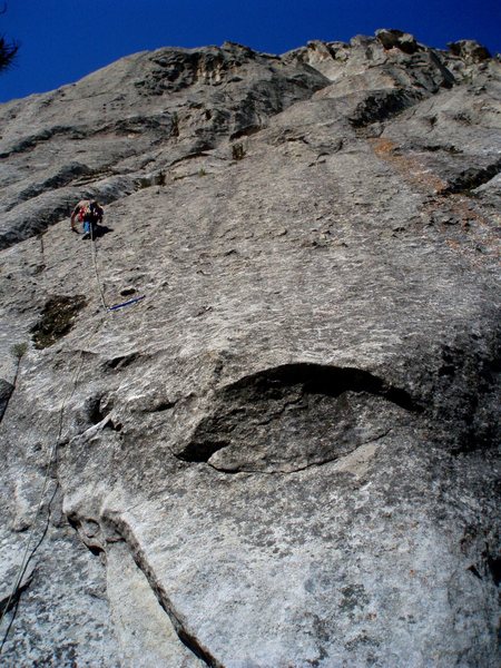 Up the face and into the mossy crack