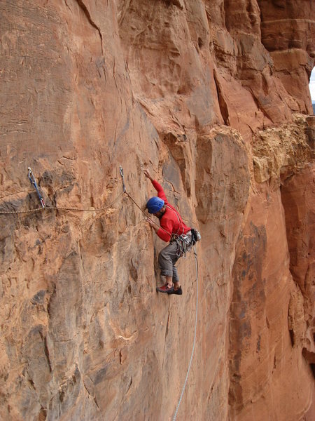 Third pitch traverse on the Prosecutor. 