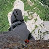 High on Cavall Bernat Marc follows the cracks making up the first part of the Puigmal (5.10c,A1 7 pitches)