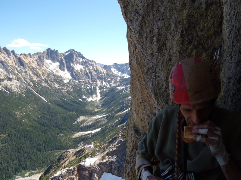 Belay on block atop pitch 6.