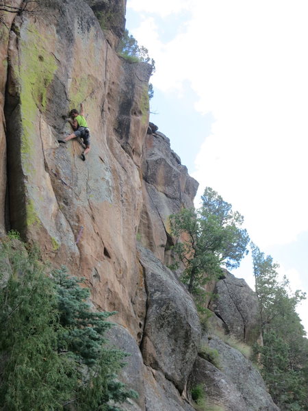 John on Free Radical. Rick Flare is to his left and Pharside to his right. The lines of Derelicte and Emotional Rescue are visible beyond the tree.