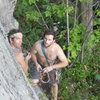 Jonathan Garlough & Lincoln Tetherly at the pin anchor on Layback Route gearing up for The Arete.<br>
<br>
Photo by James Dickson