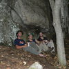 Chinos Mountain Club members Jonathan Garlough, James Dickson, and Lincoln Tetherly wait out a T-Storm at the CMC Crag.