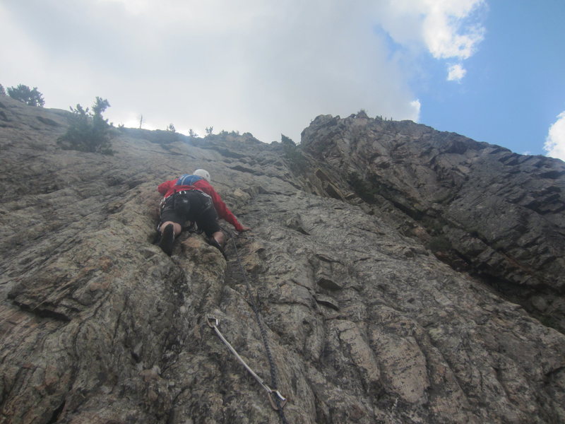 Beth leading the the pitch after the short traverse from the slab on the upper head wall. For us, this was the second to last pitch.