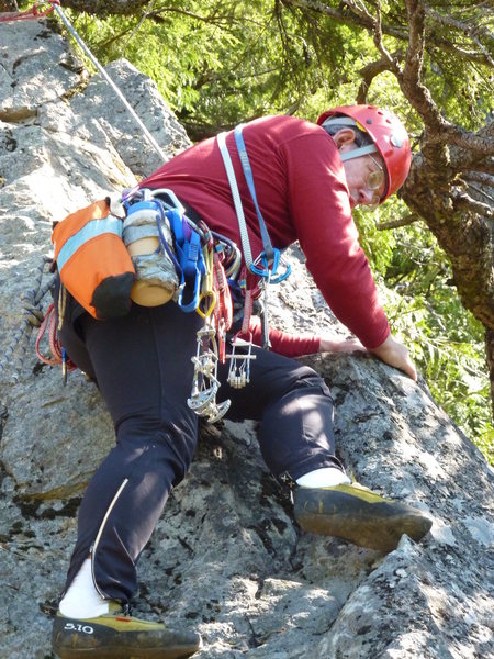 Jeff Thomas following Ujahn Davisson on the FA of the You're Next variation of pitch 2 on Conga Line.  There are a few different versions of this pitch exclusive of this variation and they all work. Get up to the ridge and turn left.