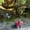 Will at the undercling rest, belayed by Pat Bagley.