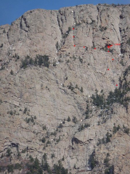 Route 6 is marked (roughly) by red dots - variations are possible for the first couple of pitches that gets one to the "cave".  For reference, [[106351352]] is marked by white dots (roughly).