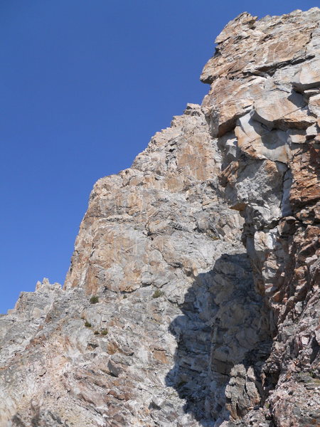 The South Ridge from the col on the approach.  The route follows the skyline just to the right.  The first pitch is not visible here, but tucked away behind a small tower about 1/3 of the way up the photo.