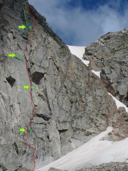 Our version of Emerald Highway, arrows/numbers show belay, green line shows variation.<br>
(Picture by Ben Collett.)