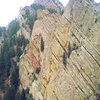 Unknown climber on 4th pitch of Rewritten, Aug 24th, 2012. Taken from top of the 5th pitch of Yellow Spur.