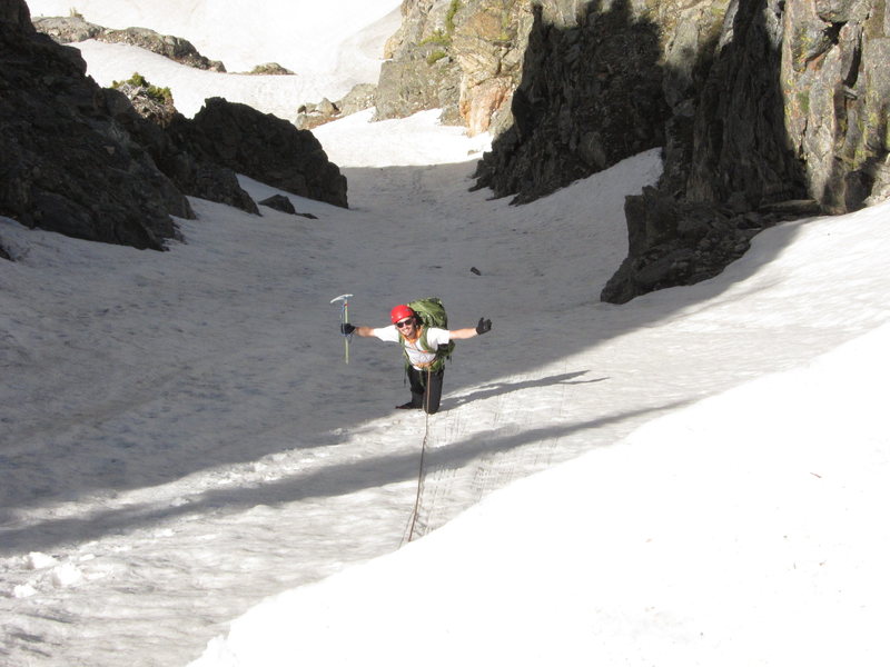 David Lenz in the upper couloir. Photo taken from cornice at the col.