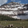 This attractive N Face is  adjacent to Yard Peak's E face, and is directly above Allsop lake.<br>
Note the derelict cooler left by Slobovians.