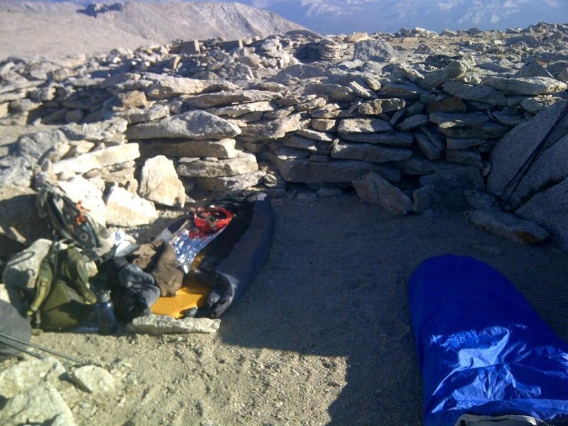 Plenty of wind breaks if you want to sleep near summit of Mount Conness, wilderness permit is required for overnight hike (from Sawmill campground), although no quota for permit