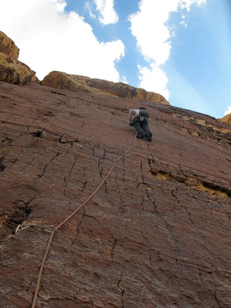 P-2 of Brujas Brew<br>
<br>
A bit spicy- climbing up a thin seam on little balls with intermittent finger locks to get through crux. It's all there, and a lot of fun but damn, 5.6 my ass. Lowe-Balls, and small nuts came in handy.<br>
<br>
(Taken 9/4/12)