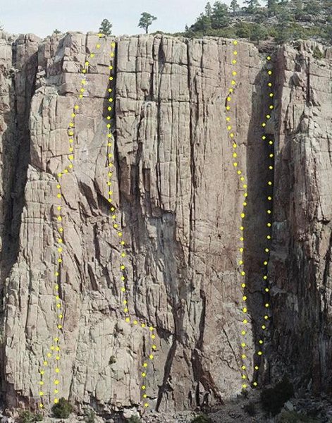 Topo showing routes on Power Tower Wall.  From left to right, Facade & High Cost of Climbing (these routes join after P2), Sword of Damocles, Hondo, and Power Tower Route.  Photo courtesy of www.fremontcanyon.com