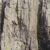 Topo showing routes on Power Tower Wall.  From left to right, Facade & High Cost of Climbing (these routes join after P2), Sword of Damocles, Hondo, and Power Tower Route.  Photo courtesy of www.fremontcanyon.com