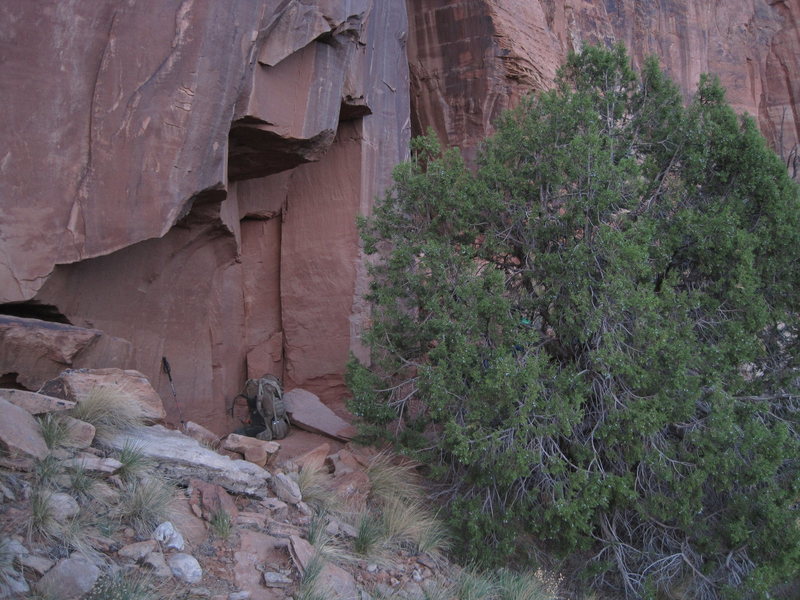 view of biv. at bese of climb