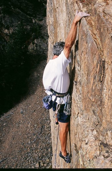 Good 10+ climbing on Empire's infamous, flat holds below the anchor. (Dan Hare photo)