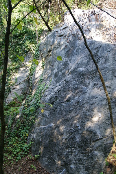 Best climb is straight up the middle, start on crimp underclings with bad feet on slippery ledge. move up slowly to crimp ledge. Dont use the jug ledge to right get some high feet. v1 maybe v2