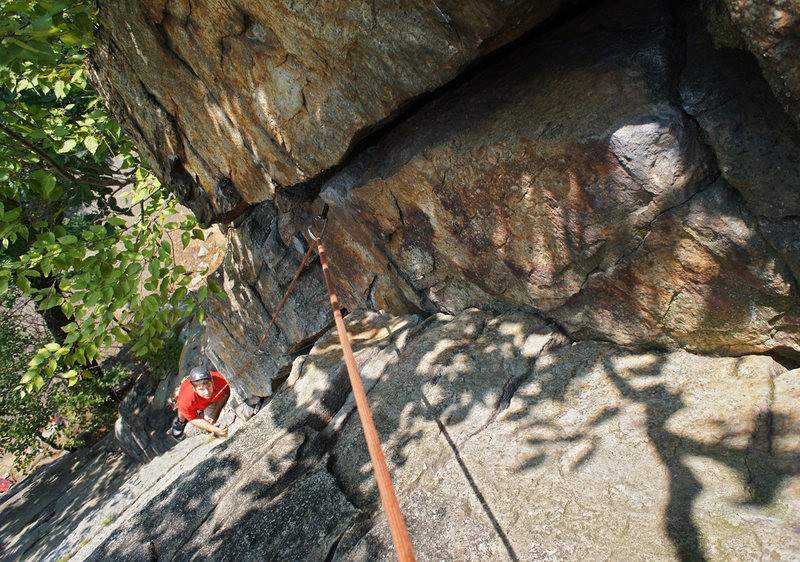 Looking down Double Chin from the rappel tree. Two roofs are wild fun for 5.5!