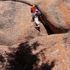 Ascending the crux of the route. 14 October 2010. Photo by Rob Kelman.