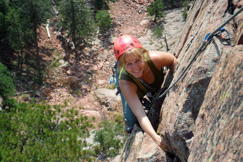 Brenda nears P3 belay after fun, steep 5.7 climbing.