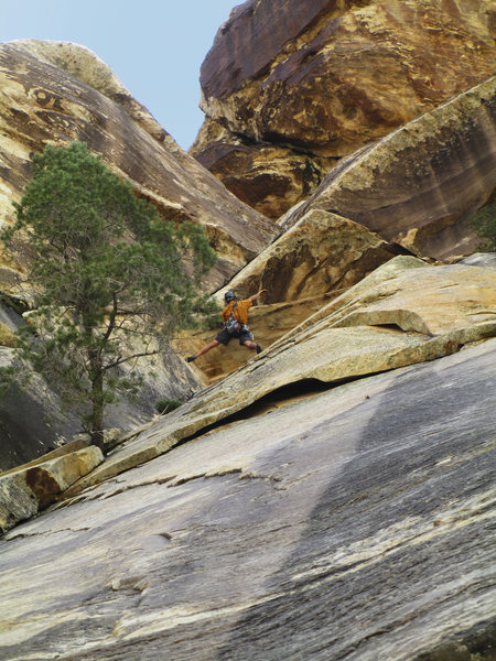 Jonny on Soylent Greenjeans, Red Rock, Willow Springs. I never get tired of this climb!! Sept 2012. Photo by Gigi.