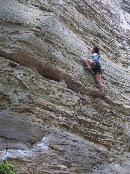 Liz on Bandolier (11a) at Torrent Falls