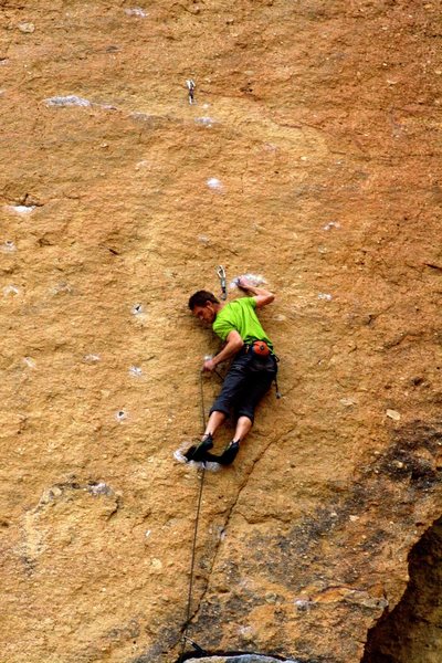 Clipping the first bolt above Karate Crack. Photo by Shay Skinner