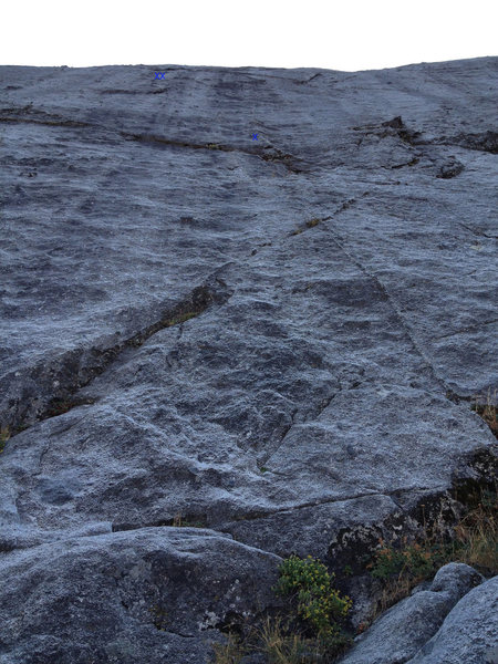 Looking up at Pitch 6, the first face pitch. I've marked the location of the first bolt and the anchors. The first bolt is quite difficult to see as a bolt since it is painted to more or less match. I actually saw it pretty quick but it took some moving around to look at it from different angles to convince myself that it was a bolt and not just a piece of protruding rock. The other bolts are much easier to see from the previous bolt.