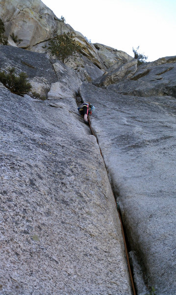 Alternate start: left side splitter crack and squeeze chimney. Approach from below, instead of traversing left from Jam Crack and Dave's Deviation. It's fun, adds 40+ feet of good splitter and a squeeze. It's not 5.4, but neither is the trough ;-)