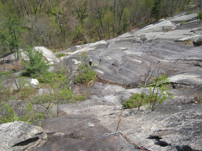 Looking down the cliff from the belay at the top of P3 Trail of Tears.