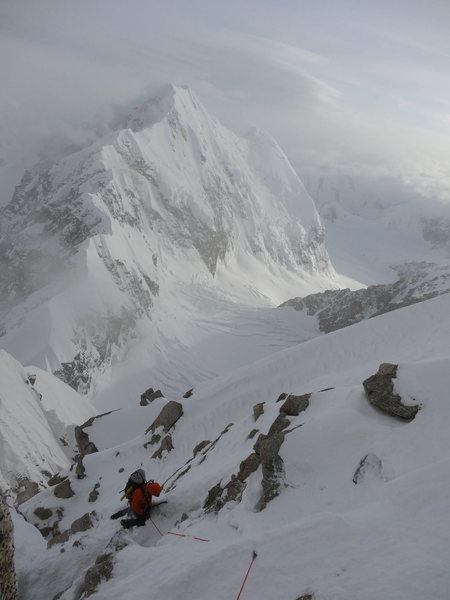 Shad just above the 5.8 pitch, below the cowboy arete. Our day got a lot more unpleasant after this, with chest-deep snow for most of the arete. Lucky we had champion wallowers Daniel and Eric to push through the crux. 