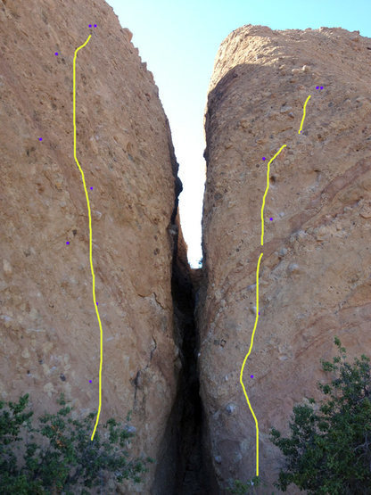 Excellent photo by Chris Savage detailing two new routes put up in October 2012 by Matt Oliphant. Names and ratings unknown, but go see for yourself. Nice and shady!