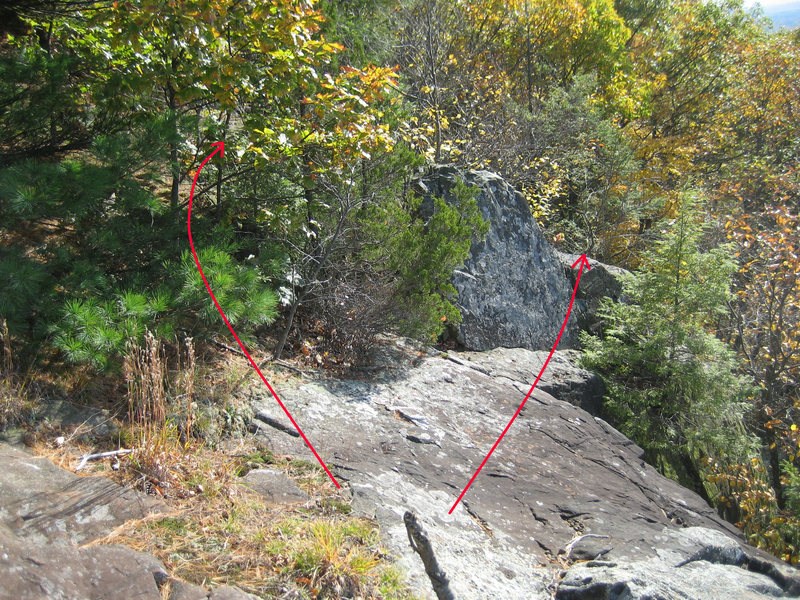 To downclimb to bottom (class 4), bushwhack a bit thru the woods or scramble along the edge.  Walk farther back up the trail to access the descent gulley (class 3).