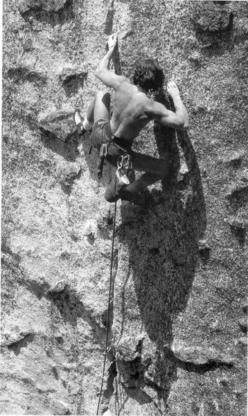 Wolfgang Güllich cranking on Moongerms.<br>
<br>
Taken from his book, "Sportklettern heute"