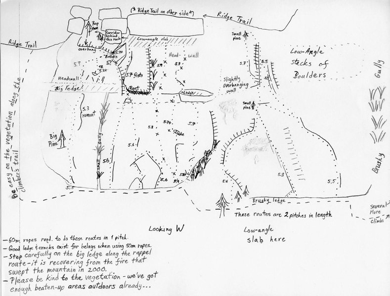 Topo of the Southern end of Lower Ridge Trail Slabs. From the Old Rag section of rockclimbing.com, drawn up by Michael Doyle.